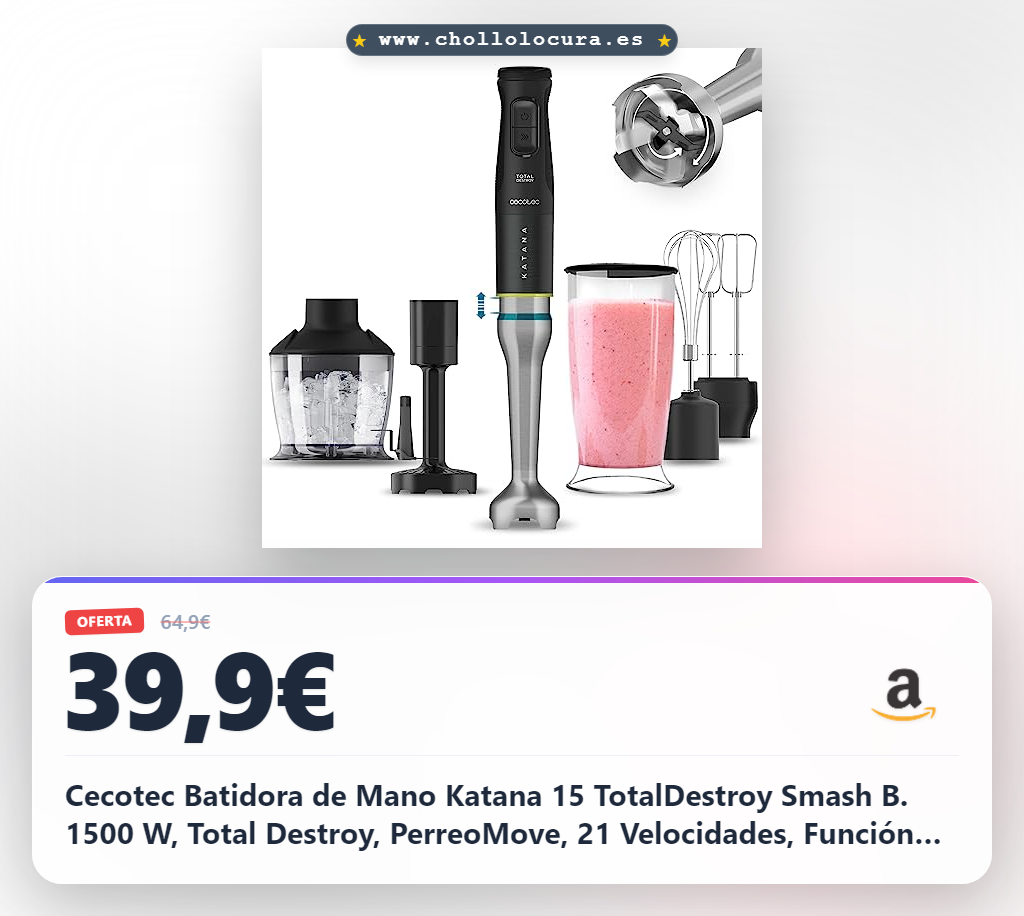 Cecotec Batidora de Mano Katana 15 TotalDestroy Smash B. 1500 W, Total Destroy, PerreoMove, 21 Velocidades, Función Turbo, Campana antisalpicaduras, 8 Hojas de titanio, Vaso 800ml
