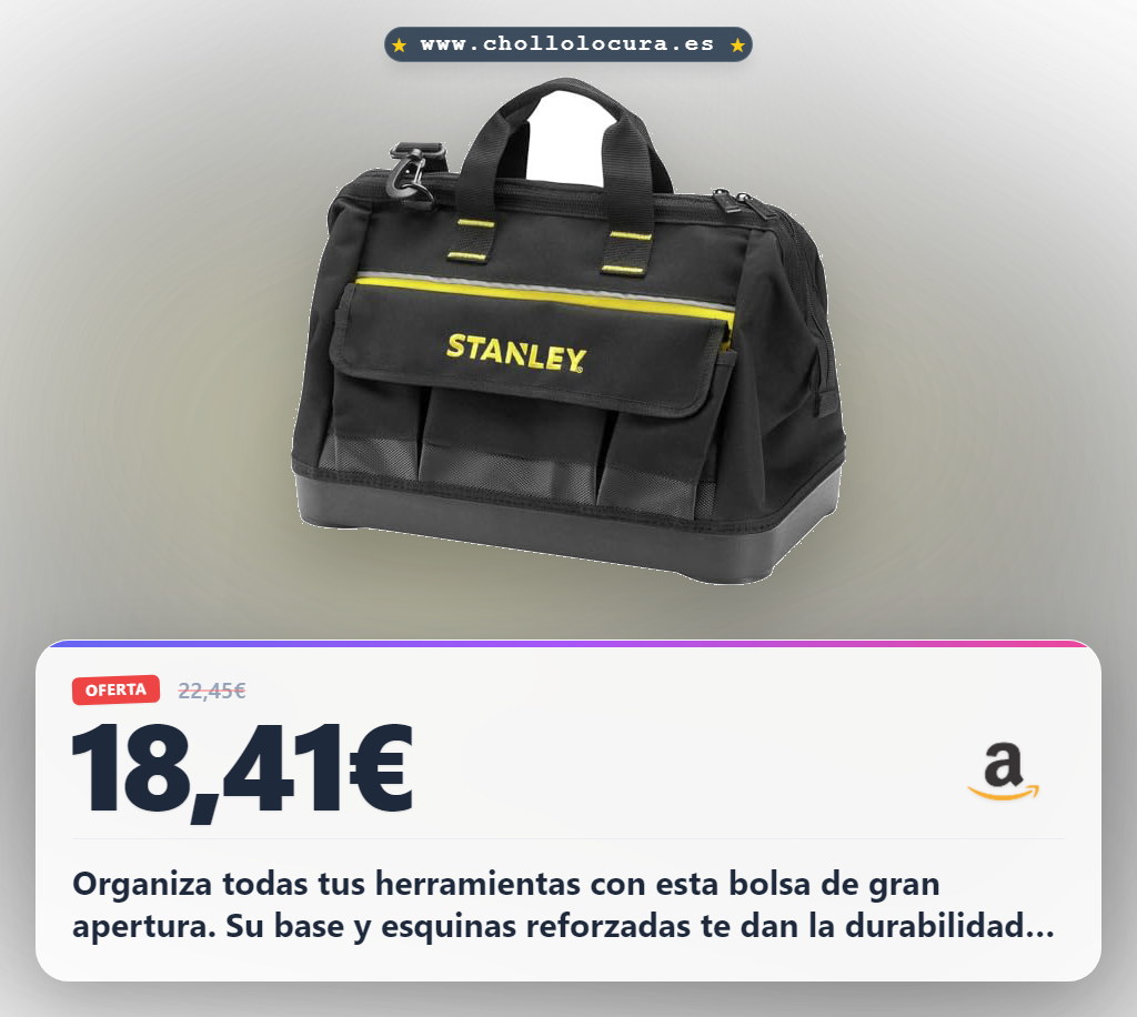 Llévate la bolsa Stanley 1-96-183 de gran apertura con cremallera y base reforzada al mejor precio para tus herramientas