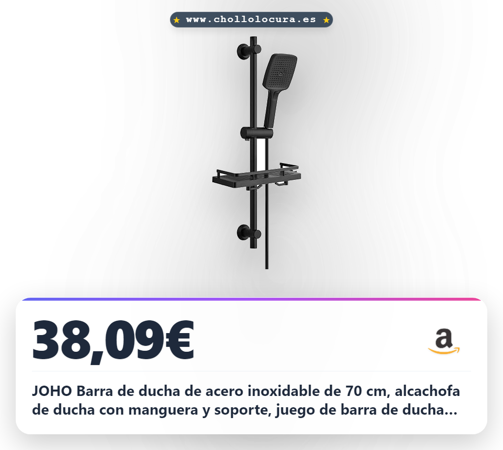 Consigue este juego de barra de ducha de acero inoxidable con alcachofa ajustable y estante XXL