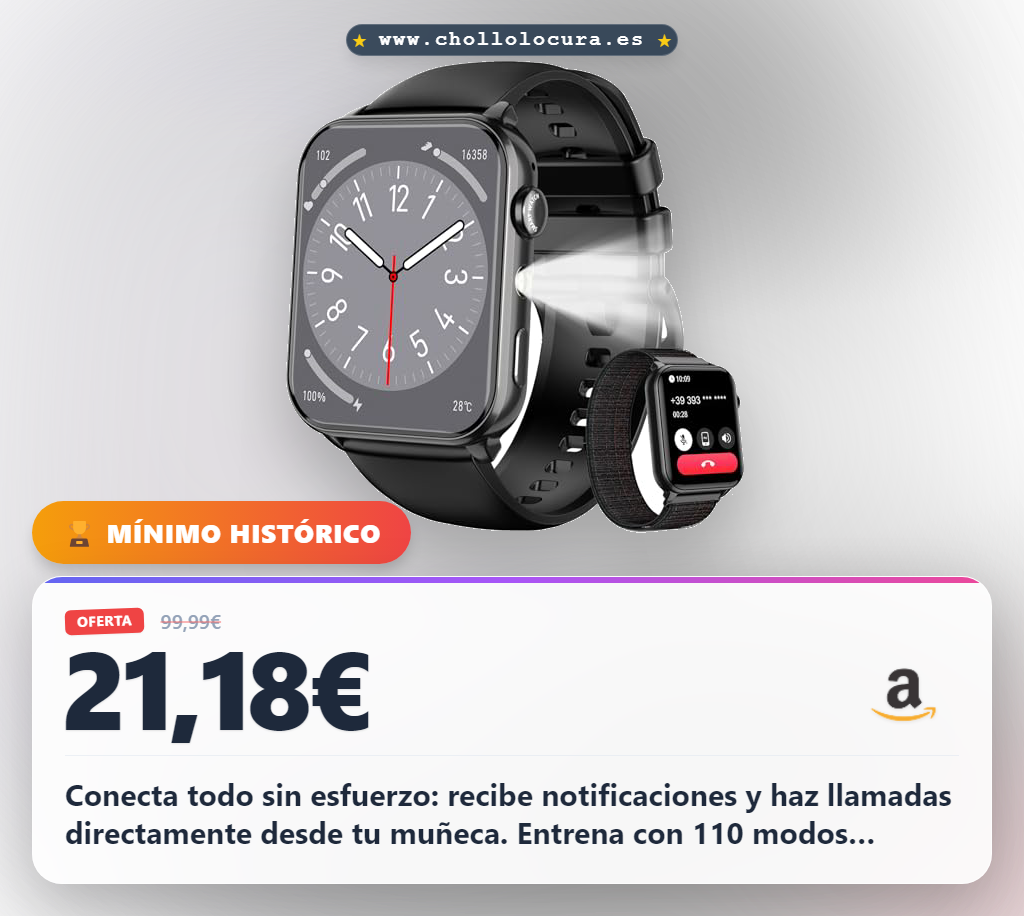 Consigue este smartwatch IP68 con llamadas y monitor de salud. 110 modos deportivos y 20 días de batería al mejor precio