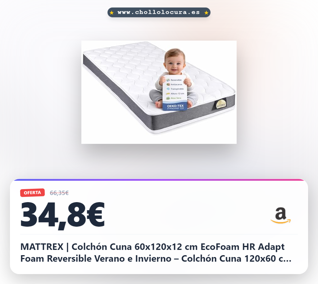 MATTREX | Colchón Cuna 60x120x12 cm EcoFoam HR Adapt Foam Reversible Verano e Invierno – Colchón Cuna 120x60 cm Transpirable 3D, Aloe Vera, antiácaros, Oeko-Tex, Hecho en España