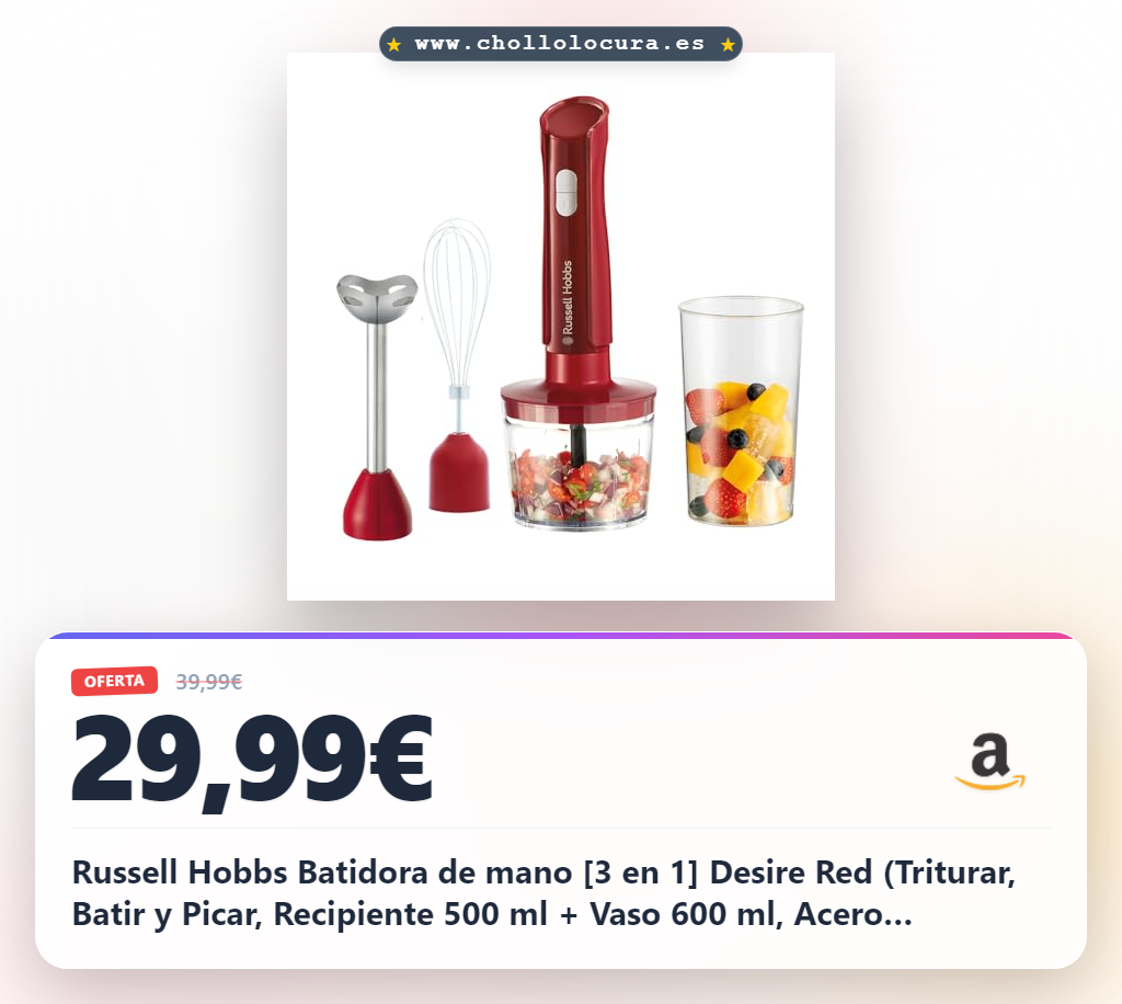 Russell Hobbs Batidora de mano [3 en 1] Desire Red (Triturar, Batir y Picar, Recipiente 500 ml + Vaso 600 ml, Acero inoxidable, 2 Velocidades + Pulso, Sin BPA, Accesorios Aptos Lavavajillas) 27142-56
