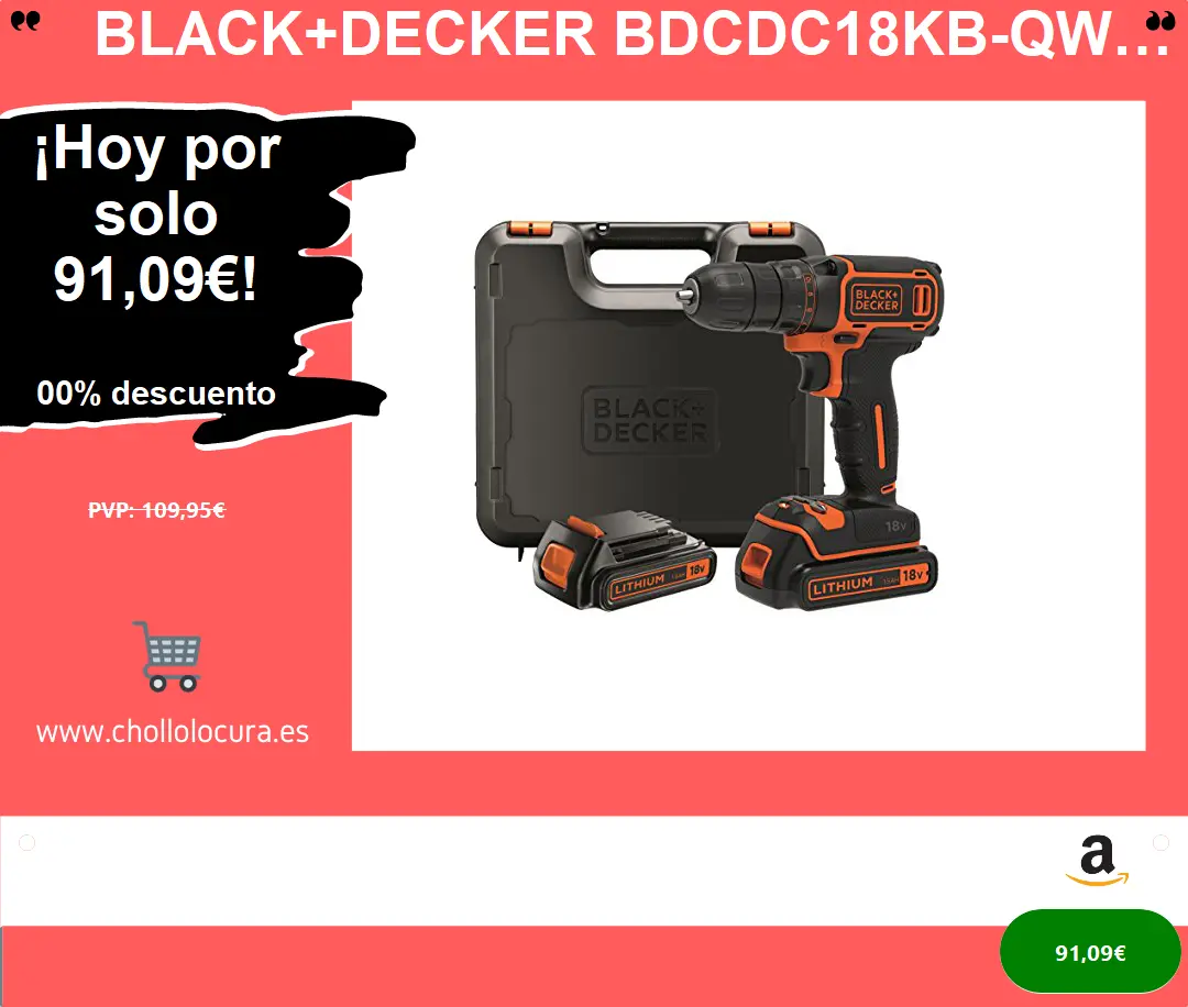 BLACK+DECKER BDCDC18KB-QW - Taladro atornillador 18V, con 2 baterías de litio 18V (1.5Ah) y maletín