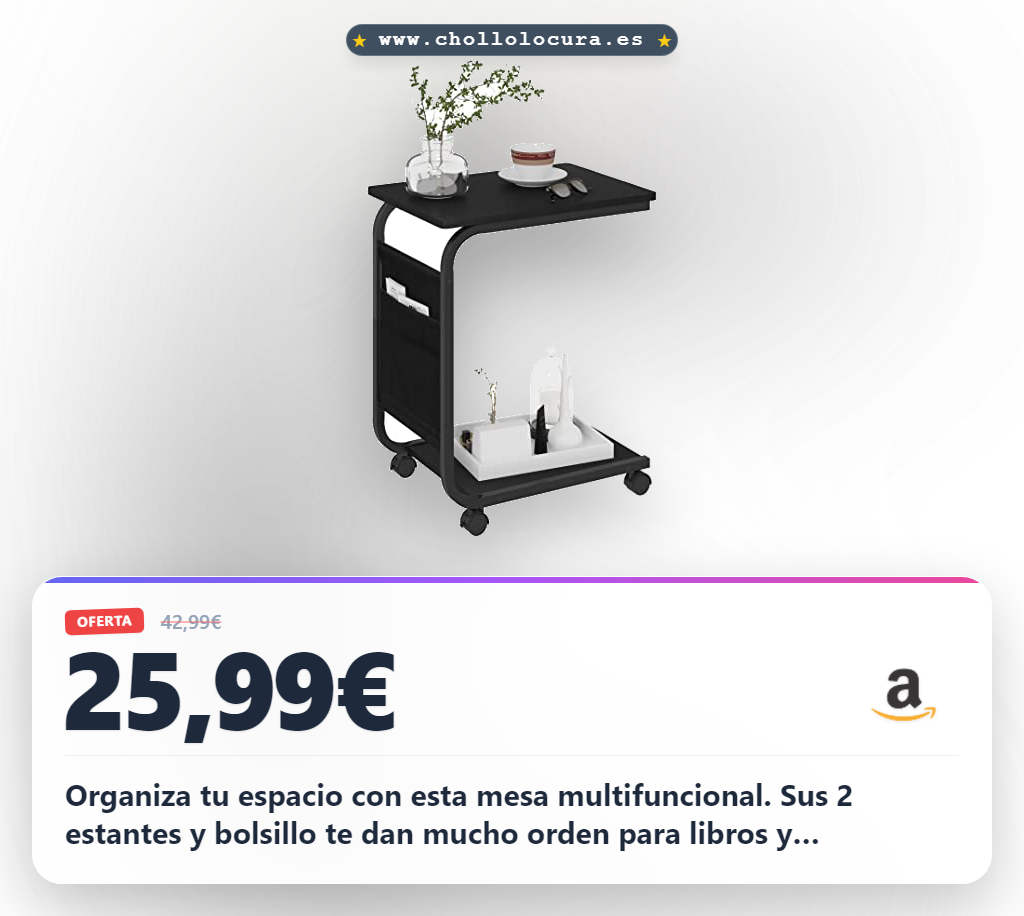 Consigue la mesa auxiliar en forma de C con ruedas y 2 estantes para guardar todo a precio de chollo y ahorrar espacio en tu hogar