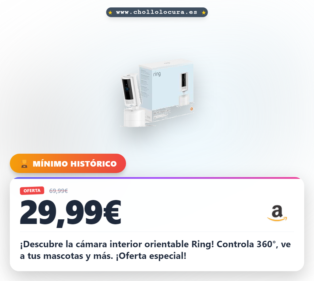 Cámara interior orientable Ring (Pan-Tilt Indoor Camera) | Cámara de seguridad con enchufe, para mascotas, orientable 360° en horizontal y 169° en vertical | Ring Protect gratis 30 días