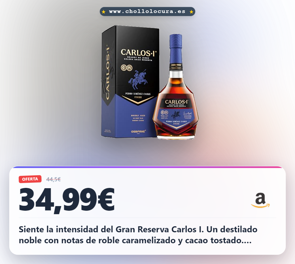 Adquiere el Brandy de Jerez Carlos I Pedro Ximénez Solera Gran Reserva 70cl y disfruta de sus notas de roble y cacao premium