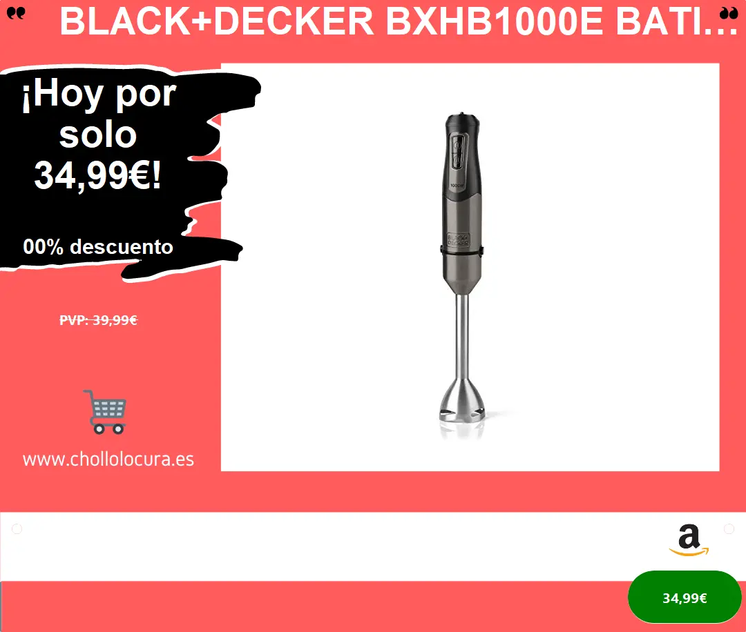 Black+Decker BXHB1000E Batidora de mano, 1 Accesorio, 20 Velocidades, 1000 W, Acero Inoxidable, Gris