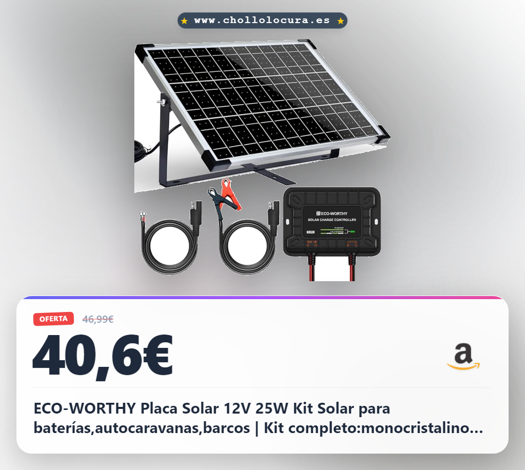 ECO-WORTHY Placa Solar 12V 25W Kit Solar para baterías,autocaravanas,barcos | Kit completo:monocristalino 25W, soporte regulable y controlador. Ideal para 12V, coches, autocaravanas y embarcaciones.