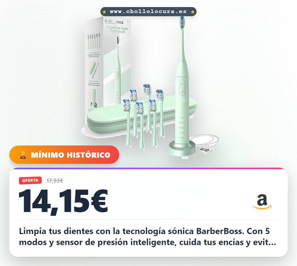 Consigue el cepillo sónico BarberBoss recargable con sensor de presión y 5 modos de limpieza.
