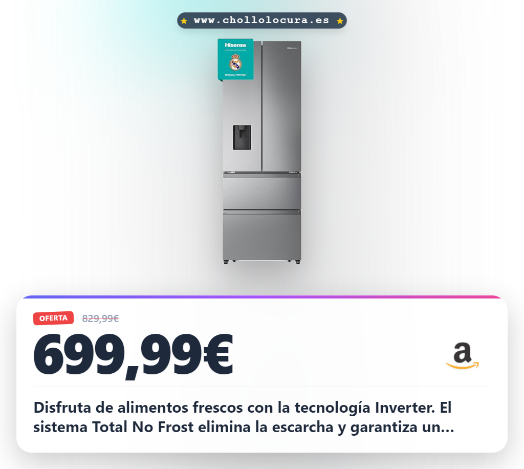 Consigue el frigorífico Hisense Inverter No Frost Premium con dispensador y ahorro energético.
