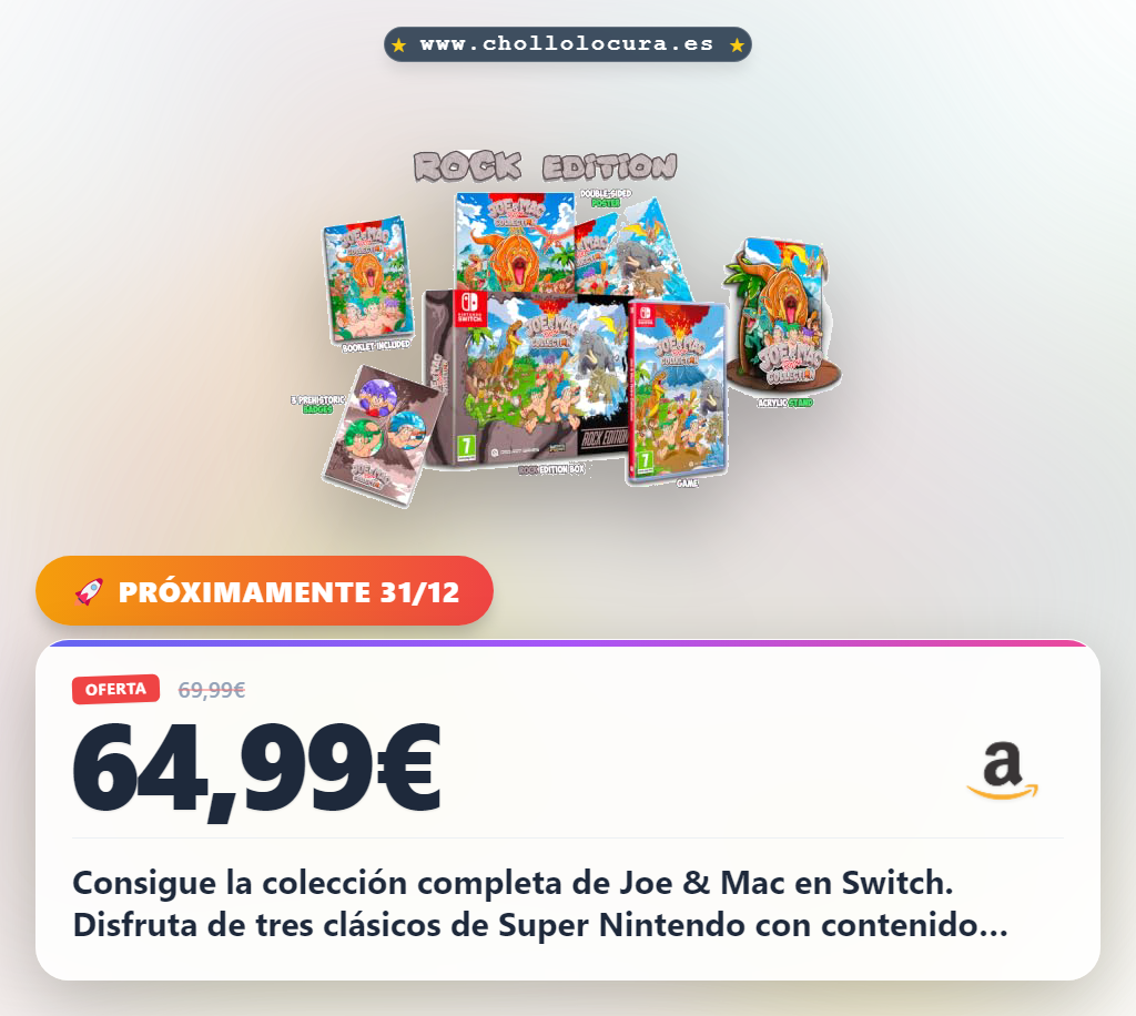 Llévate la colección JOE & MAC RETRO EDITION para Switch. ¡Imprescindible! Los 3 clásicos de SNES en oferta histórica.
