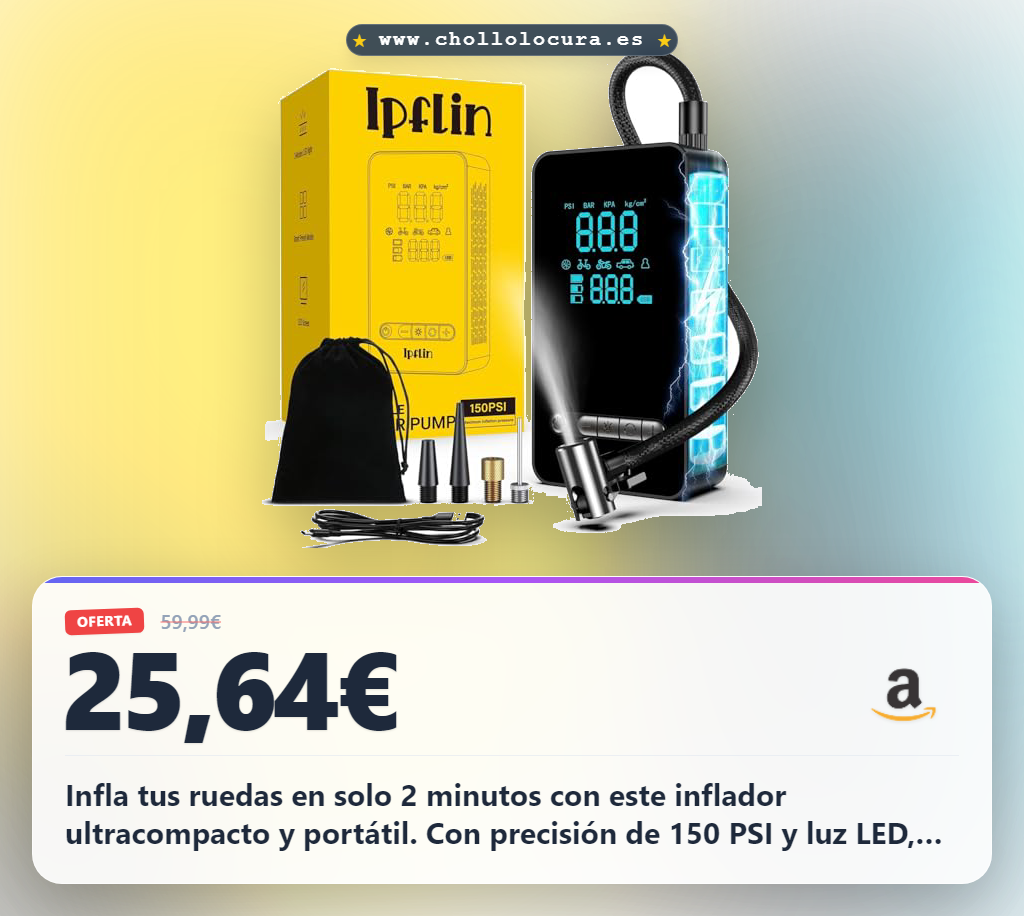 Aprovecha inflador compresor de ruedas coche. Infla 150 PSI en 2 minutos con kit y batería.