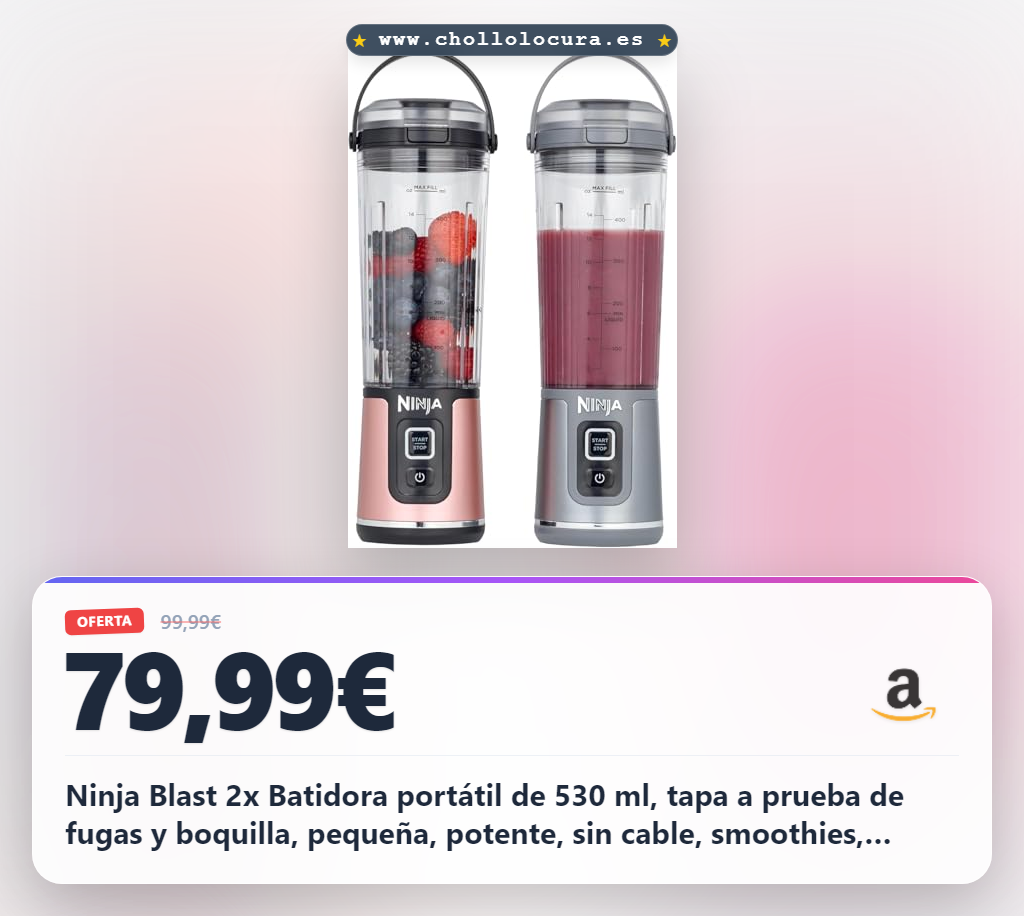 Ninja Blast 2x Batidora portátil de 530 ml, tapa a prueba de fugas y boquilla, pequeña, potente, sin cable, smoothies, batidos, hielo y fruta congelada, dorado rosa y plateado metalizado, BC151UKEUGV