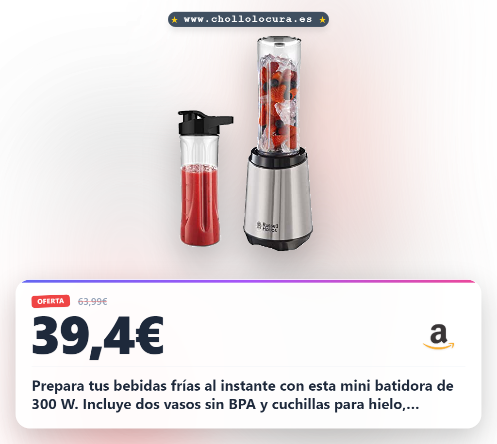 Aprovecha la mini batidora de acero inoxidable con vasos sin BPA para bebidas frías en oferta histórica