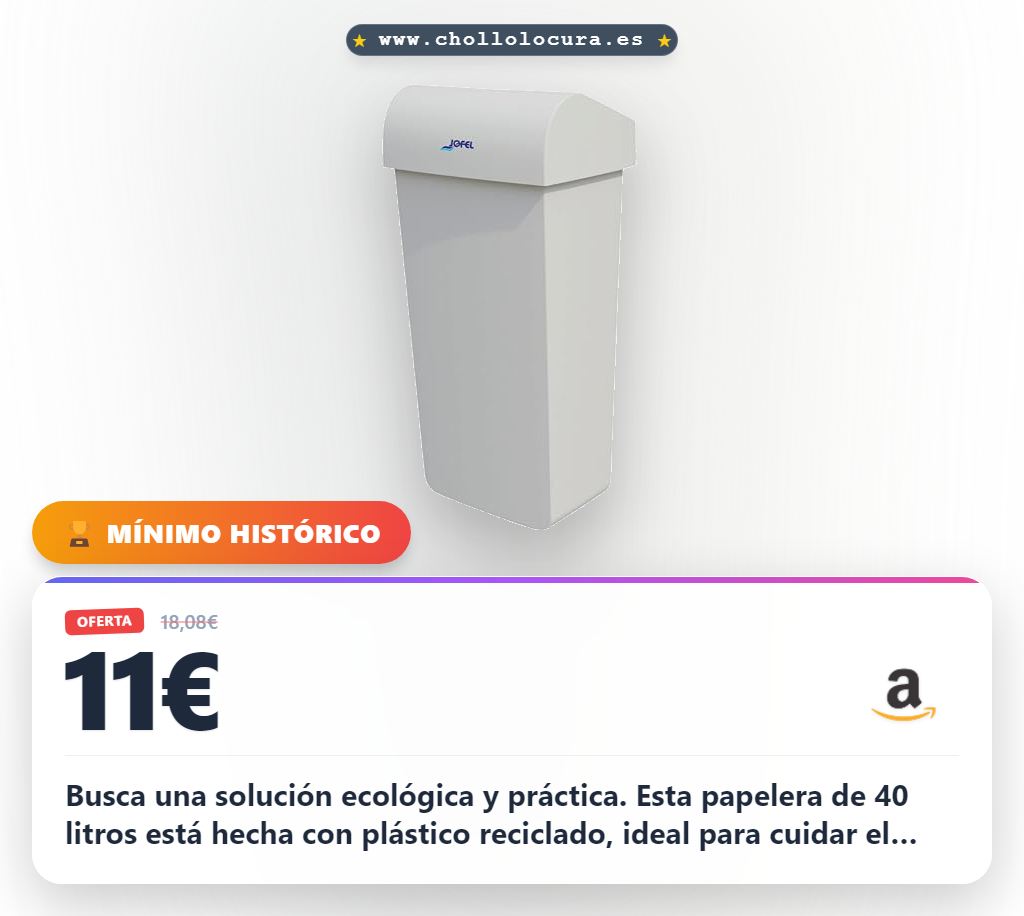 Aprovecha la papelera Jofel 40L de plástico reciclado con tapa desmontable y fijación a pared