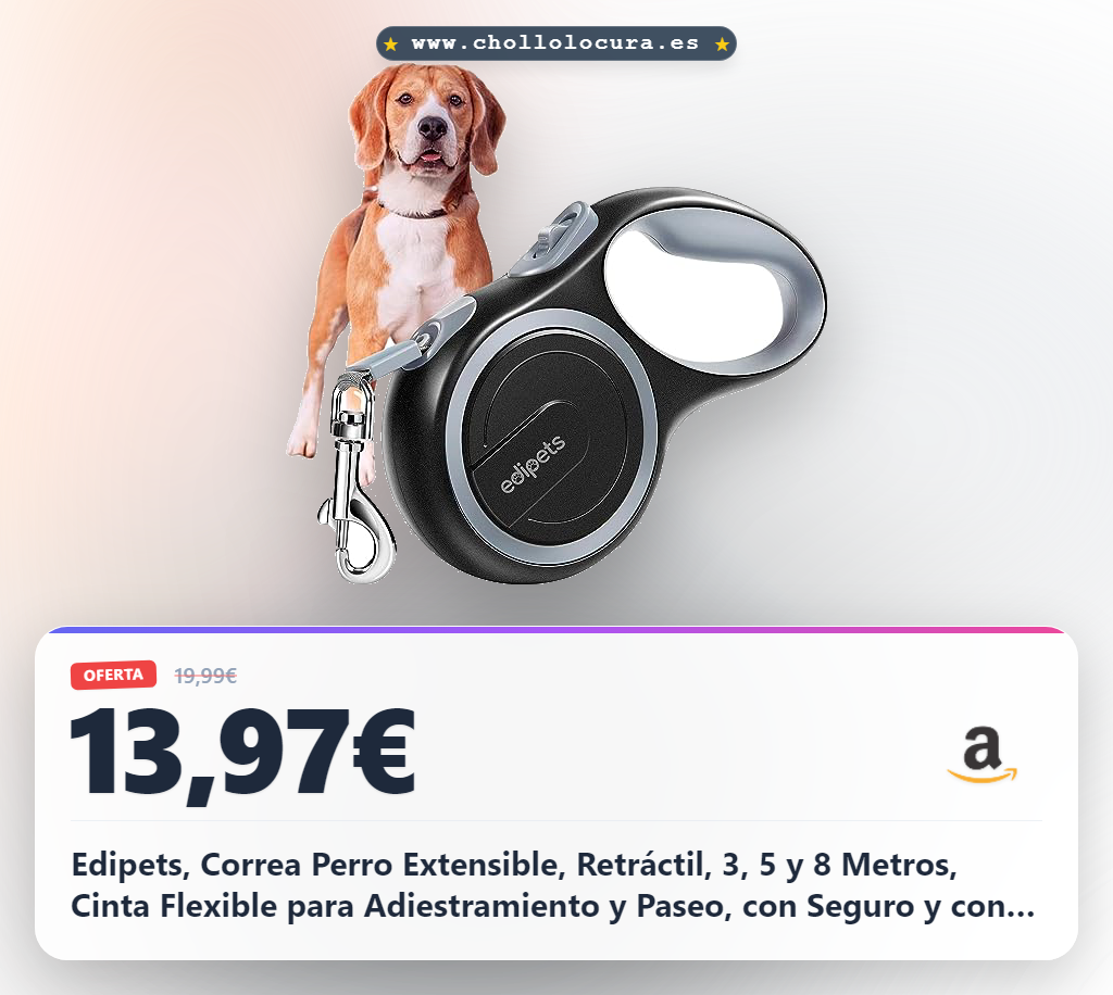 Edipets, Correa Perro Extensible, Retráctil, 3, 5 y 8 Metros, Cinta Flexible para Adiestramiento y Paseo, con Seguro y con Freno, Diseño y Agarre Cómodo (8 Metros, Gris)