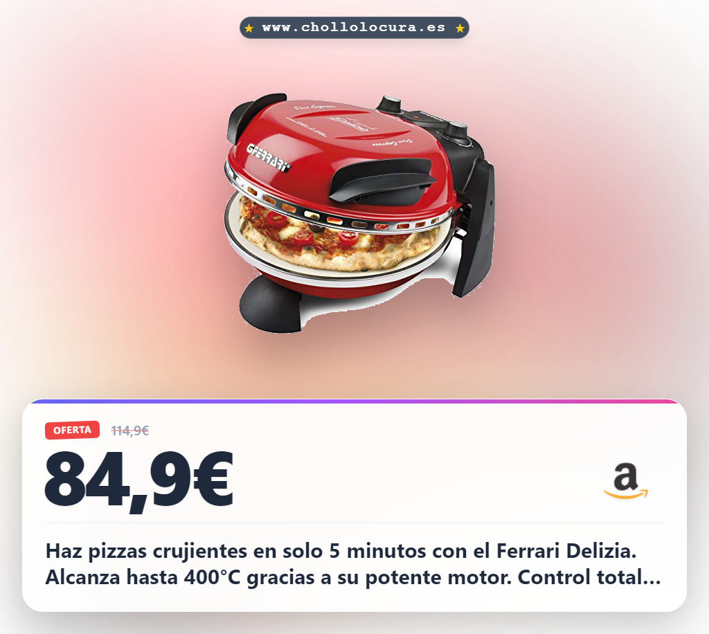 Llévate el Horno para Pizza G3 Ferrari Delizia 1200W: alcanza 400°C y haz pizzas crujientes al mejor precio.