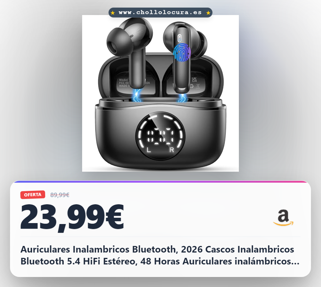 Auriculares Inalambricos Bluetooth, 2026 Cascos Inalambricos Bluetooth 5.4 HiFi Estéreo, 48 Horas Auriculares inalámbricos con ENC Cancelacion Ruido, Pantalla LED/IP7 Impermeable/Carga Rápida Tipo-C