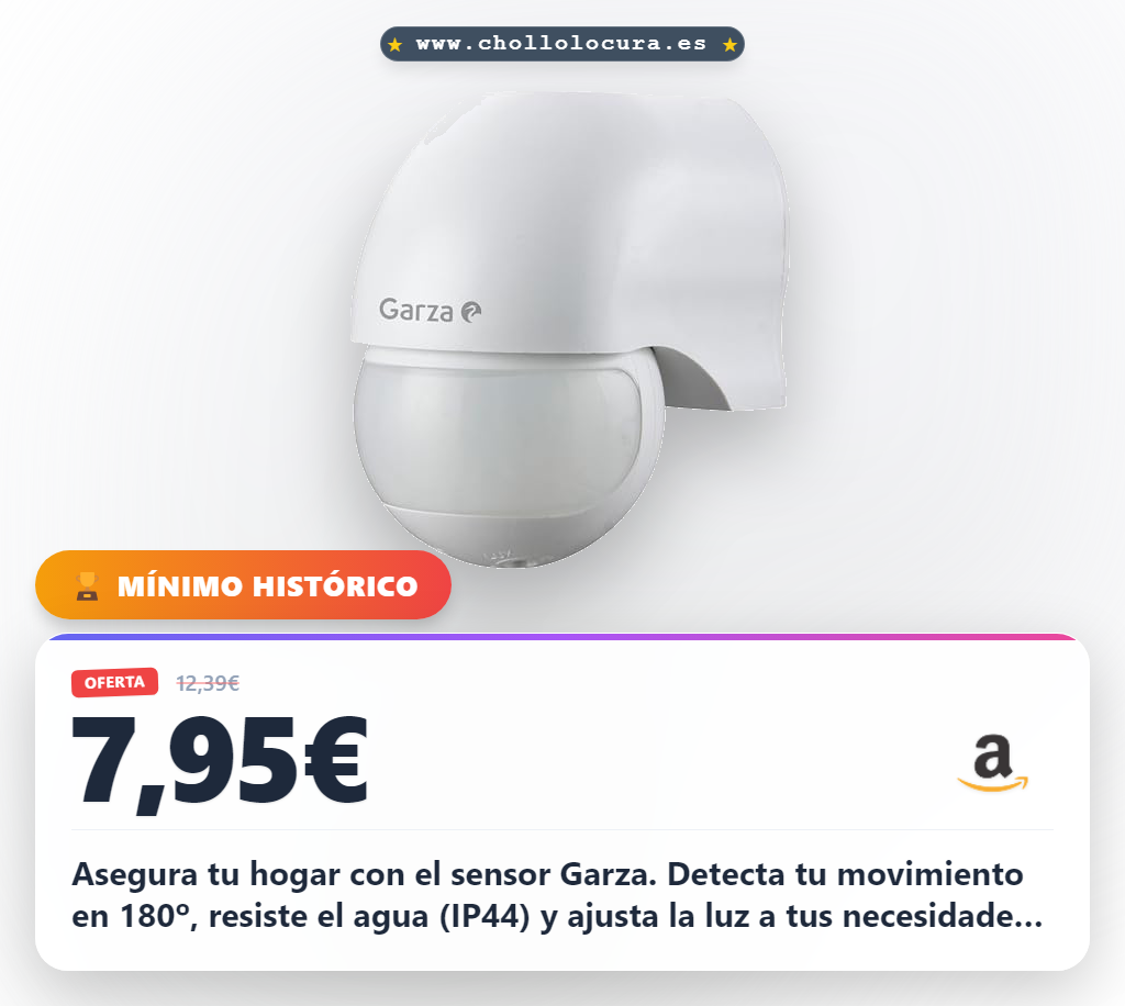 Encuentra el sensor de movimiento Garza IP44 para casa: detección 180º interior/exterior en oferta histórica