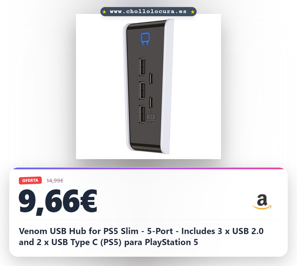 Venom USB Hub for PS5 Slim - 5-Port - Includes 3 x USB 2.0 and 2 x USB Type C (PS5) para PlayStation 5