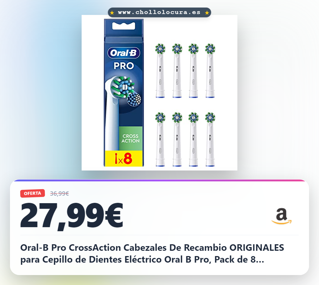 Oral-B Pro CrossAction Cabezales De Recambio ORIGINALES para Cepillo de Dientes Eléctrico Oral B Pro, Pack de 8 Recambios Con Indicador De Uso, Blanco