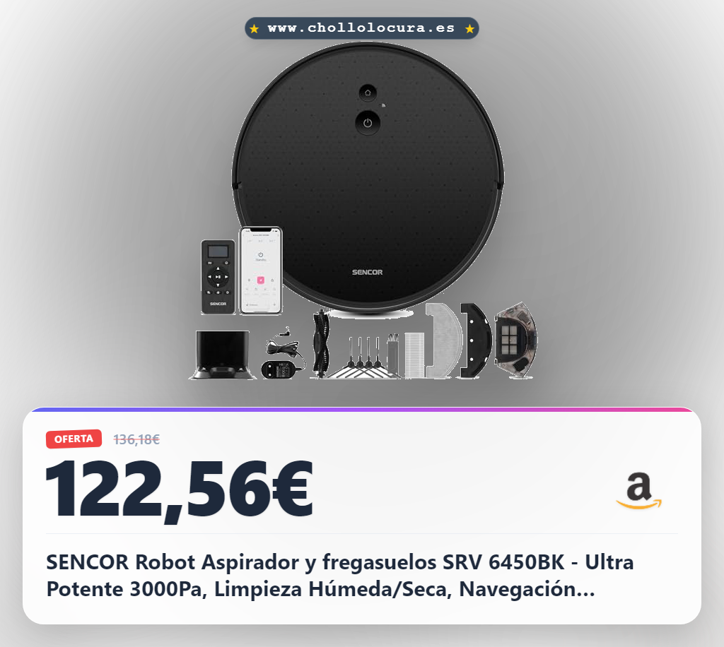 SENCOR Robot Aspirador y fregasuelos SRV 6450BK - Ultra Potente 3000Pa, Limpieza Húmeda/Seca, Navegación Giroscópica, Silencioso, Control Intuitivo a través de la Aplicación, Larga Autonomía