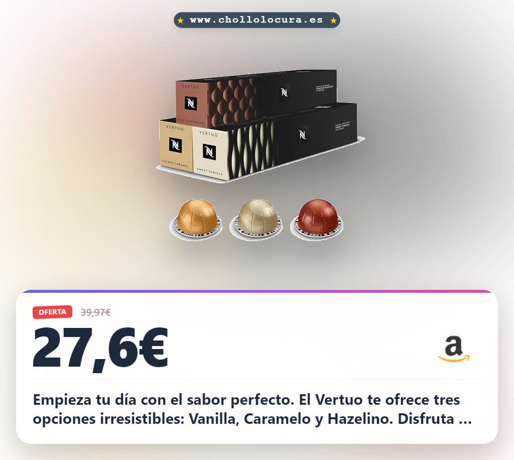 Llévate las 30 cápsulas Nespresso Vertuo con Vanilla, Caramelo y Hazelino al mejor precio del año en oferta histórica al instante.