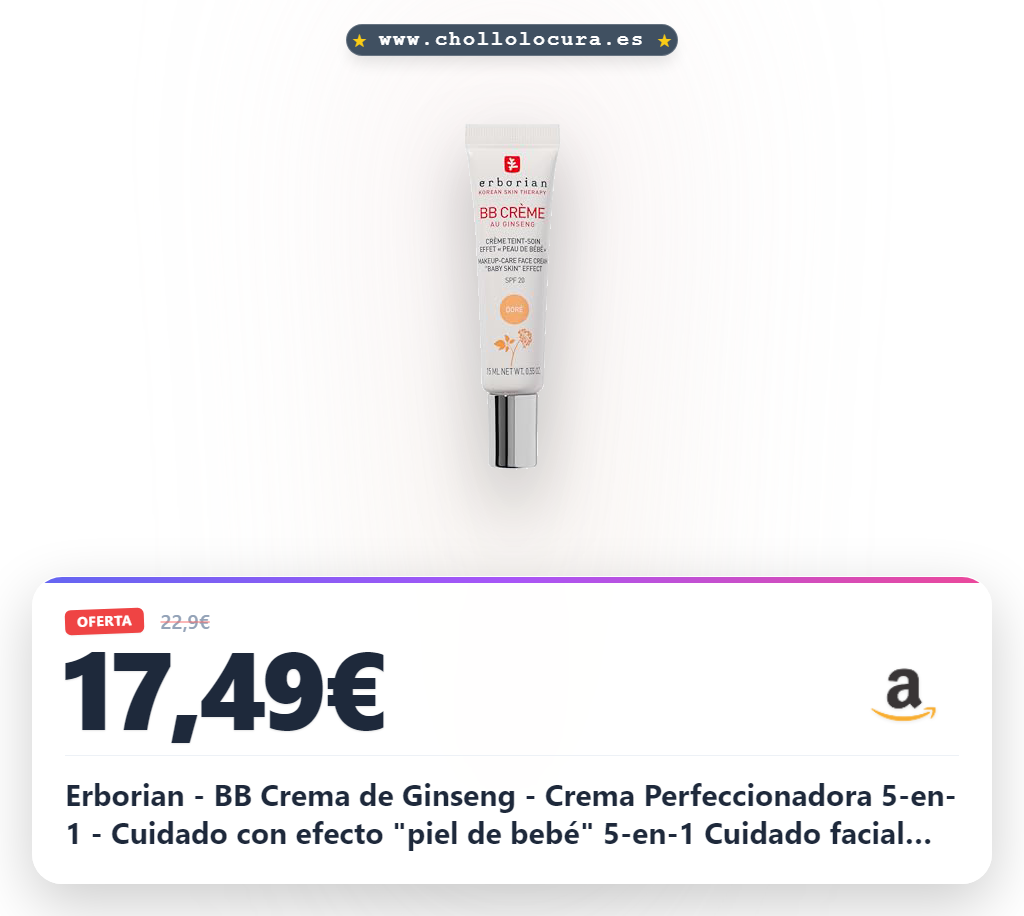 Erborian - BB Crema de Ginseng - Crema Perfeccionadora 5-en-1 - Cuidado con efecto "piel de bebé" 5-en-1 Cuidado facial con SPF 20 - Cosmético Coreano - Dorado 15 ml