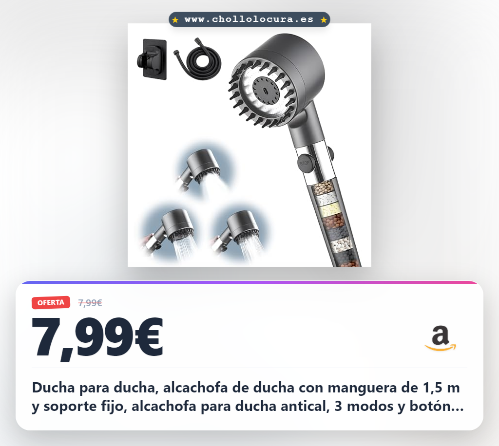 Ducha para ducha, alcachofa de ducha con manguera de 1,5 m y soporte fijo, alcachofa para ducha antical, 3 modos y botón de parada del agua, alta presión, alcachofa presurizada, SPA, ahorro de