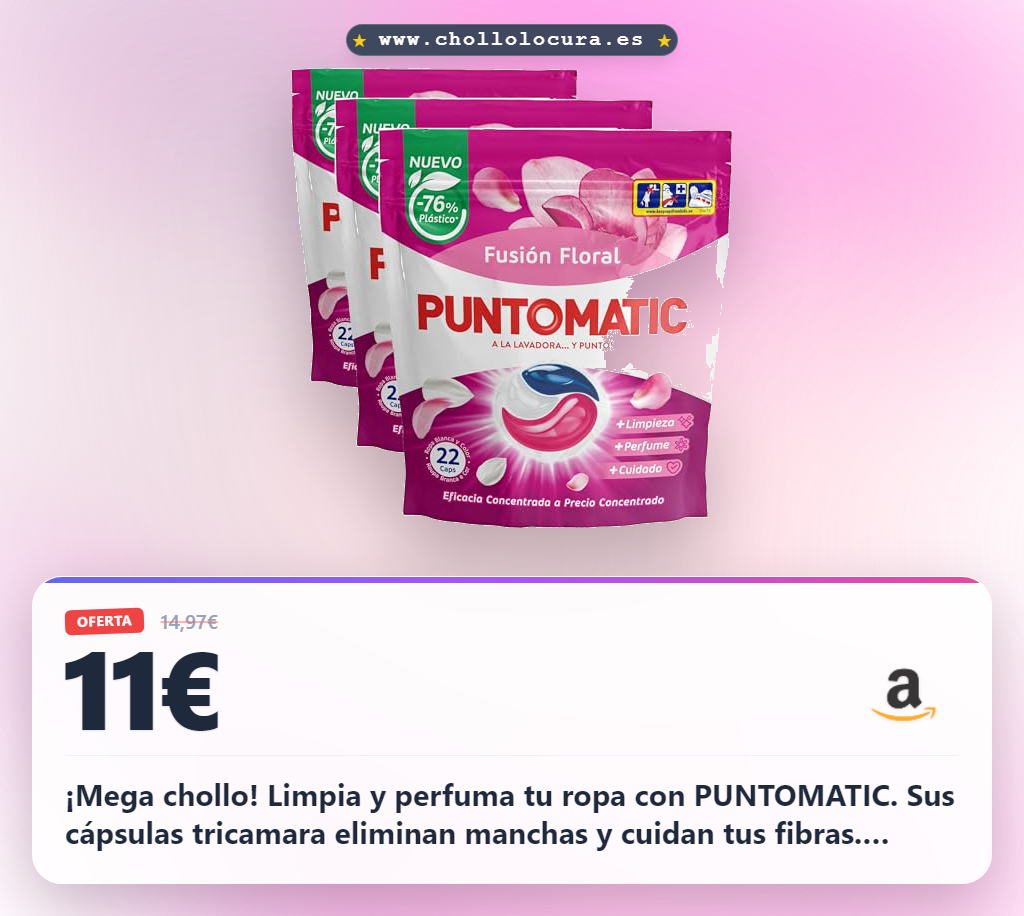 Obtén PUNTOMATIC Cápsulas Tricámara Floral: Quitamanchas y limpieza profunda para 22 lavados a precio de chollo.