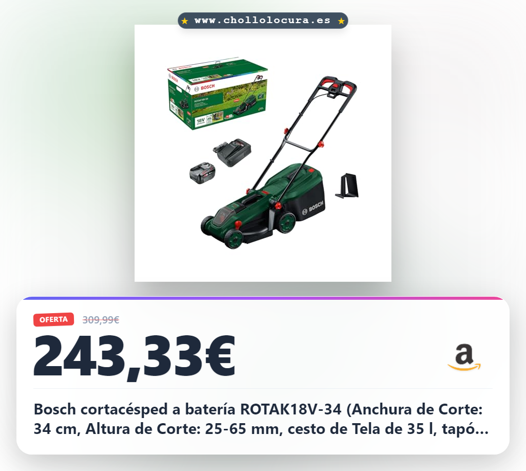 Bosch cortacésped a batería ROTAK18V-34 (Anchura de Corte: 34 cm, Altura de Corte: 25-65 mm, cesto de Tela de 35 l, tapón para triturado, Incluye batería y Cargador)