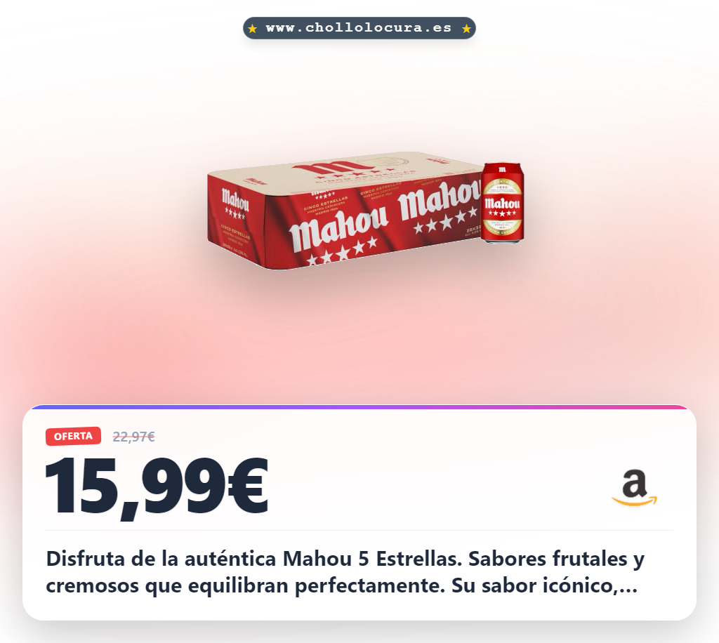 Aprovecha Mahou 5 Estrellas 28 latas con 5.5% de alcohol sabor afrutado y cremoso