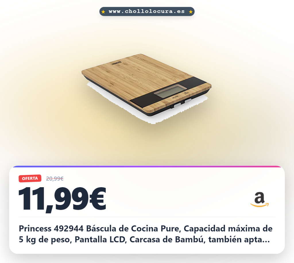 Princess 492944 Báscula de Cocina Pure, Capacidad máxima de 5 kg de peso, Pantalla LCD, Carcasa de Bambú, también apta para pesar cartas, función tara
