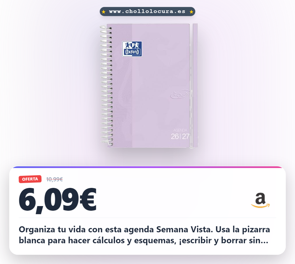 Encuentra la agenda Oxford Touch 2026 2027 Semana Vista A5 Lavanda con pizarra blanca y sincronización Scribzee a precio de chollo