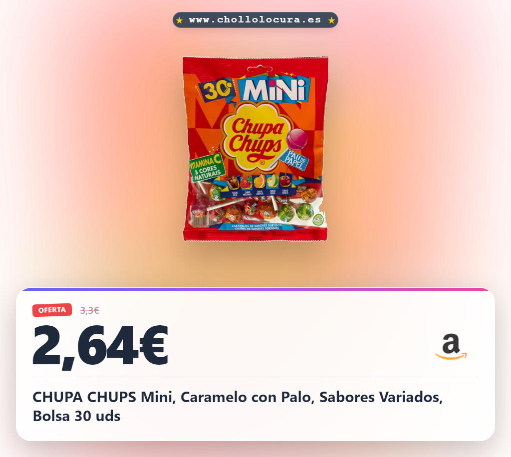 Compra la bolsa gigante de Chupa Chups Mini con 30 caramelos variados en oferta histórica para cualquier celebración.