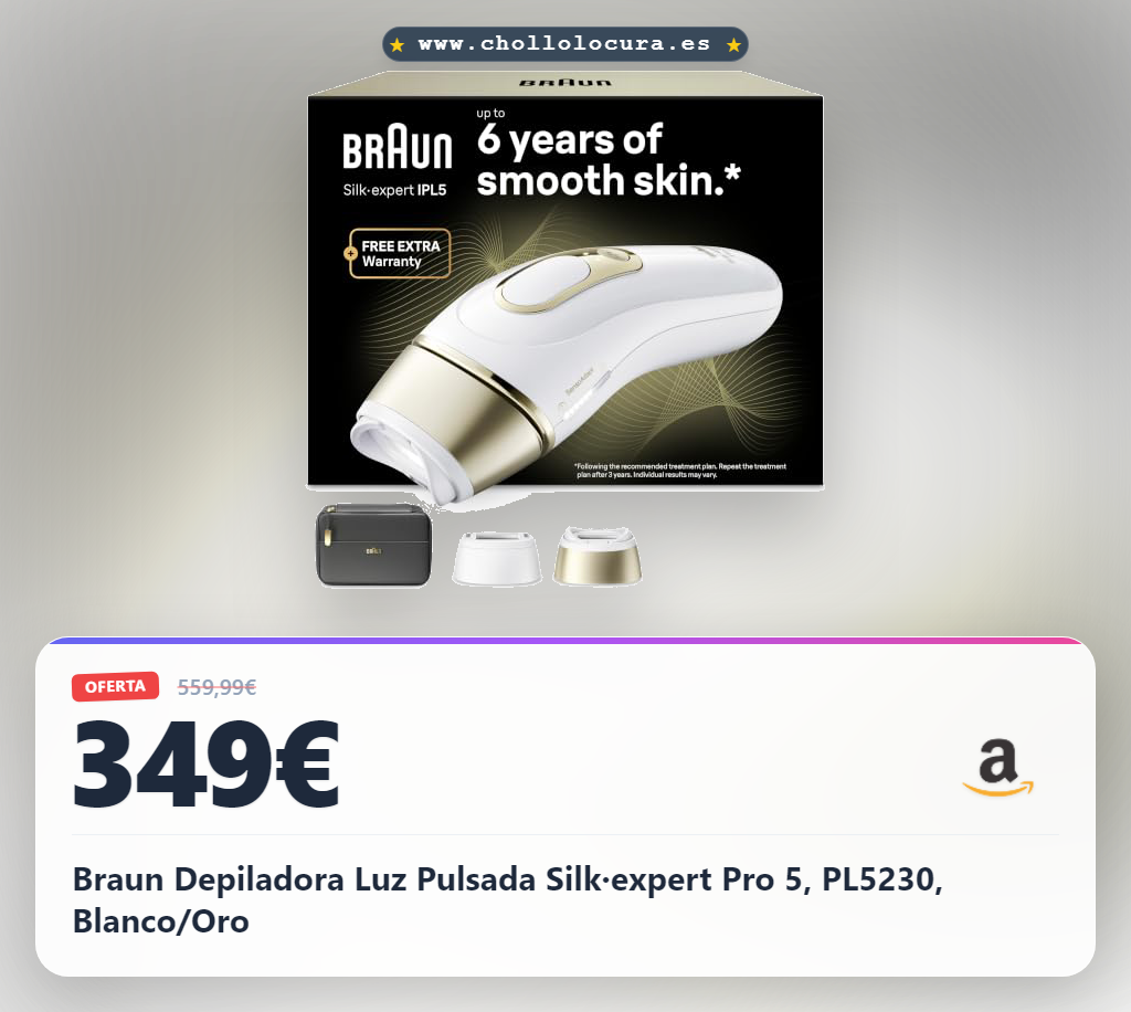 Braun Depiladora Luz Pulsada Silk·expert Pro 5, PL5230, Blanco/Oro