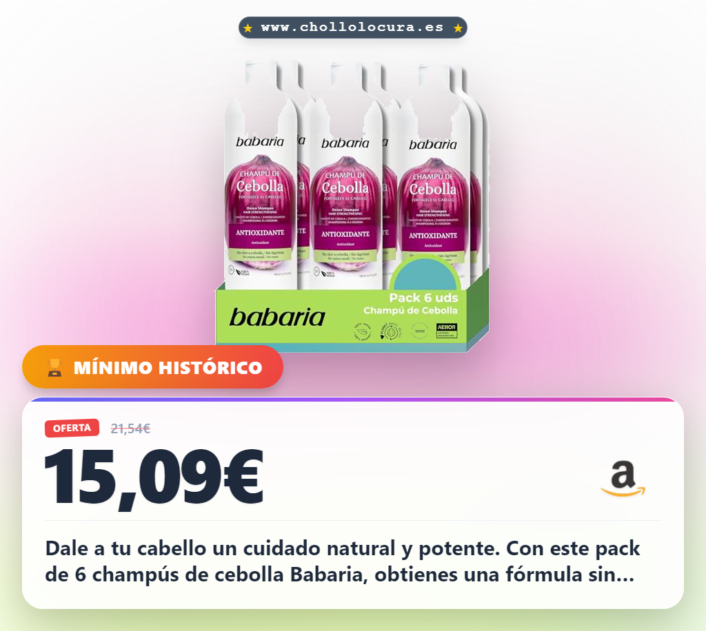 Dale a tu cabello un cuidado natural y potente. Con este pack de 6 champús de cebolla Babaria, obtienes una fórmula sin olores ni parabenos. Estimula el crecimiento y protege tu melena con antioxidantes naturales. Ideal para todo tipo de cabello.