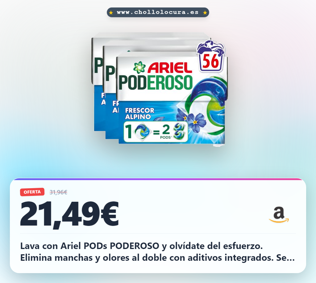 Aprovecha Ariel PODs PODEROSO en oferta. Paquete de 4 cápsulas para 14 lavados, máxima limpieza y frescor.