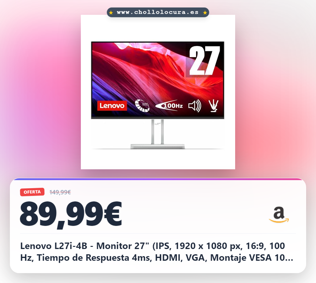 Lenovo L27i-4B - Monitor 27" (IPS, 1920 x 1080 px, 16:9, 100 Hz, Tiempo de Respuesta 4ms, HDMI, VGA, Montaje VESA 100 mm, Soporte de Inclinación) Color Gris Nube, Versión Actual