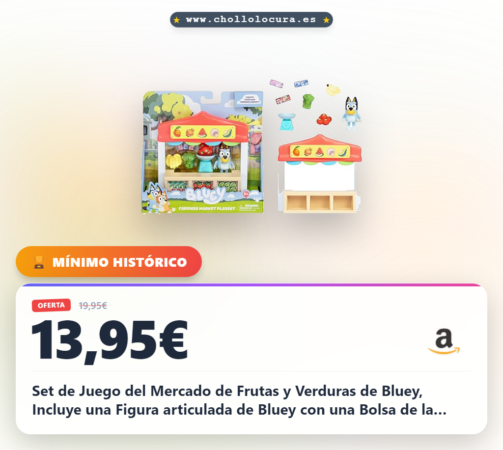 Set de Juego del Mercado de Frutas y Verduras de Bluey, Incluye una Figura articulada de Bluey con una Bolsa de la Compra y Accesorios