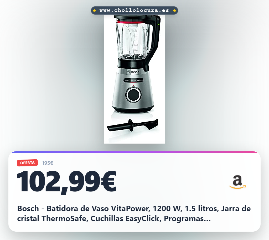 Bosch - Batidora de Vaso VitaPower, 1200 W, 1.5 litros, Jarra de cristal ThermoSafe, Cuchillas EasyClick, Programas Automáticos, Acero y Negro, MMB6382M
