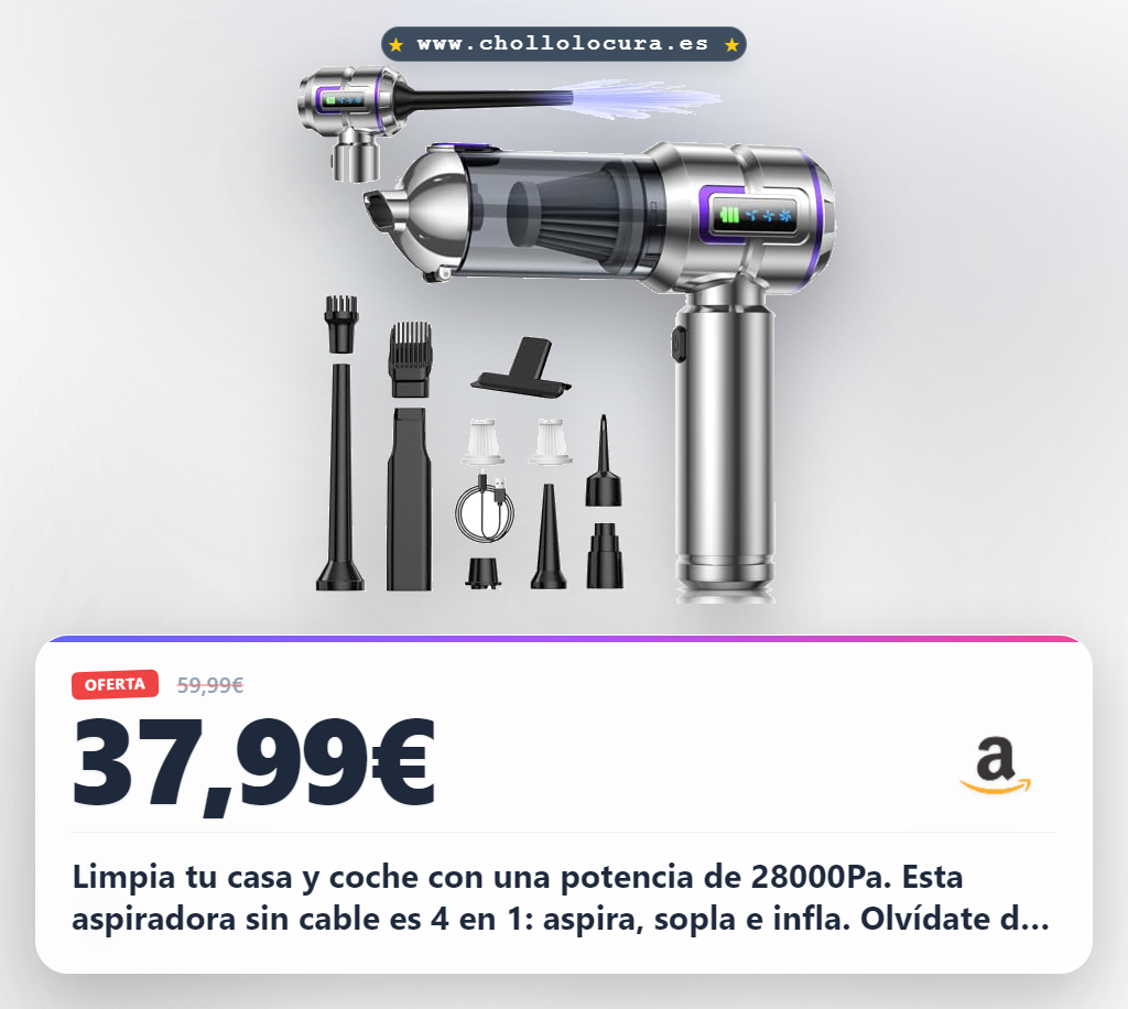 Consigue aspiradora de mano 28000Pa sin cable 4 en 1 con pantalla digital para coche y hogar.