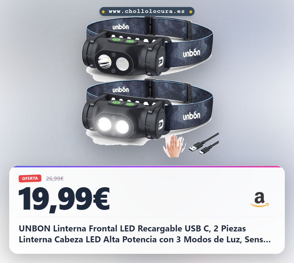 UNBON Linterna Frontal LED Recargable USB C, 2 Piezas Linterna Cabeza LED Alta Potencia con 3 Modos de Luz, Sensor Movimiento y Base Magnética, Luz Frontal Cabeza Potente Recargable Impermeable IPX4