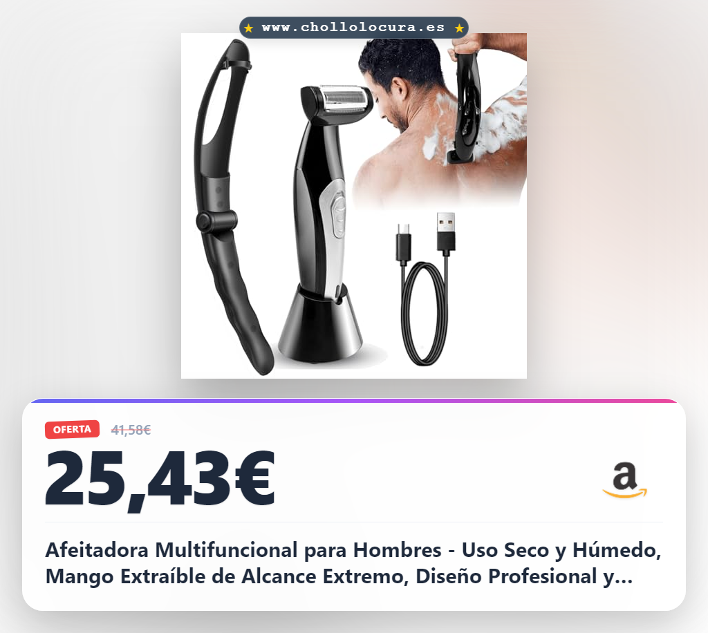 Afeitadora Multifuncional para Hombres - Uso Seco y Húmedo, Mango Extraíble de Alcance Extremo, Diseño Profesional y Cómodo