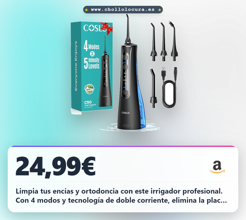 Consigue el irrigador dental COSLUS portátil IPX7 con 4 modos y 4 boquillas a precio de chollo para ortodoncia y viajes en oferta.