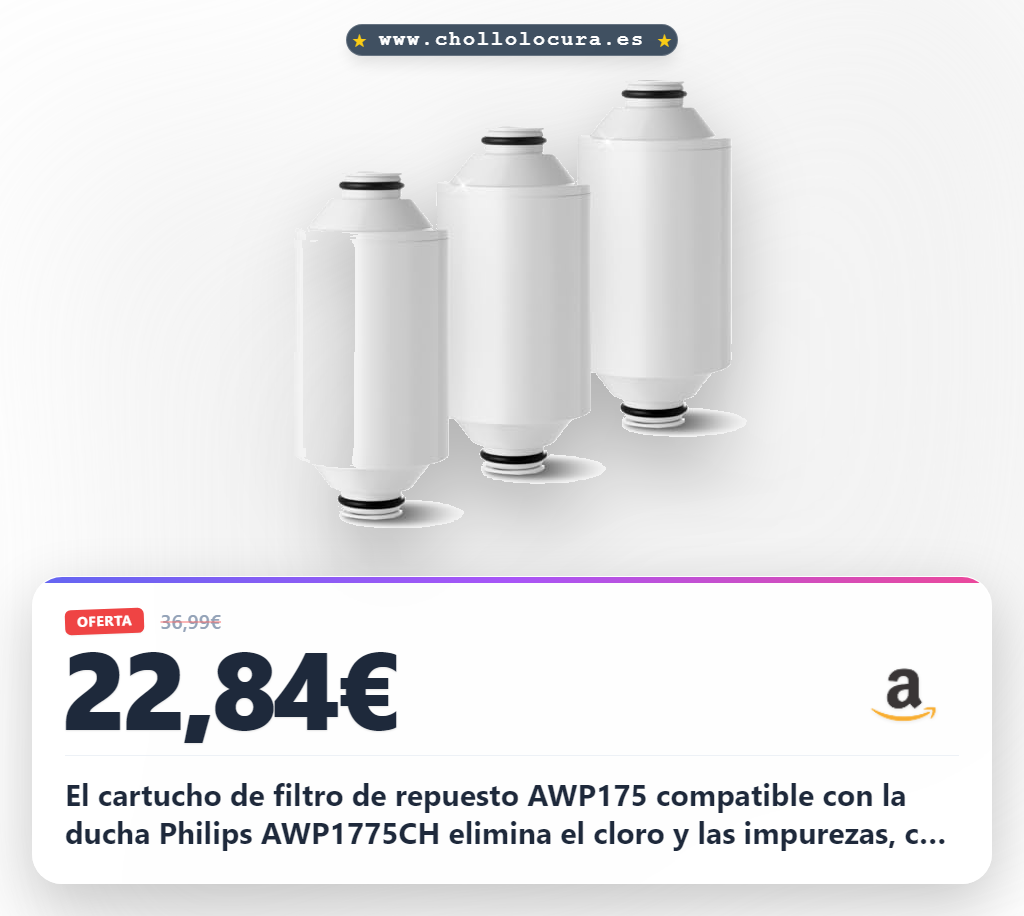 El cartucho de filtro de repuesto AWP175 compatible con la ducha Philips AWP1775CH elimina el cloro y las impurezas, con capacidad de filtrado (paquete de 3)