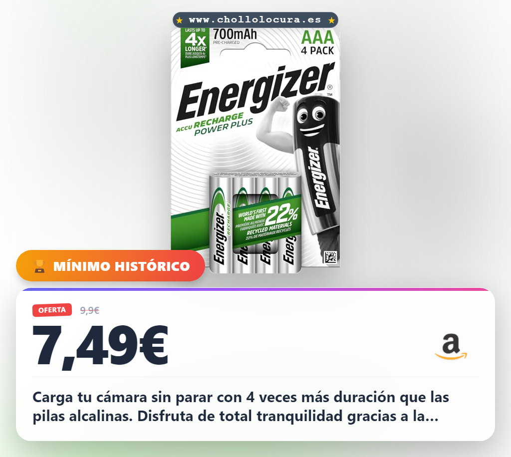 Consigue las pilas recargables Energizer AAA. Carga tu cámara sin parar con 4 veces más duración, 500 recargas y packaging 100% reciclable.