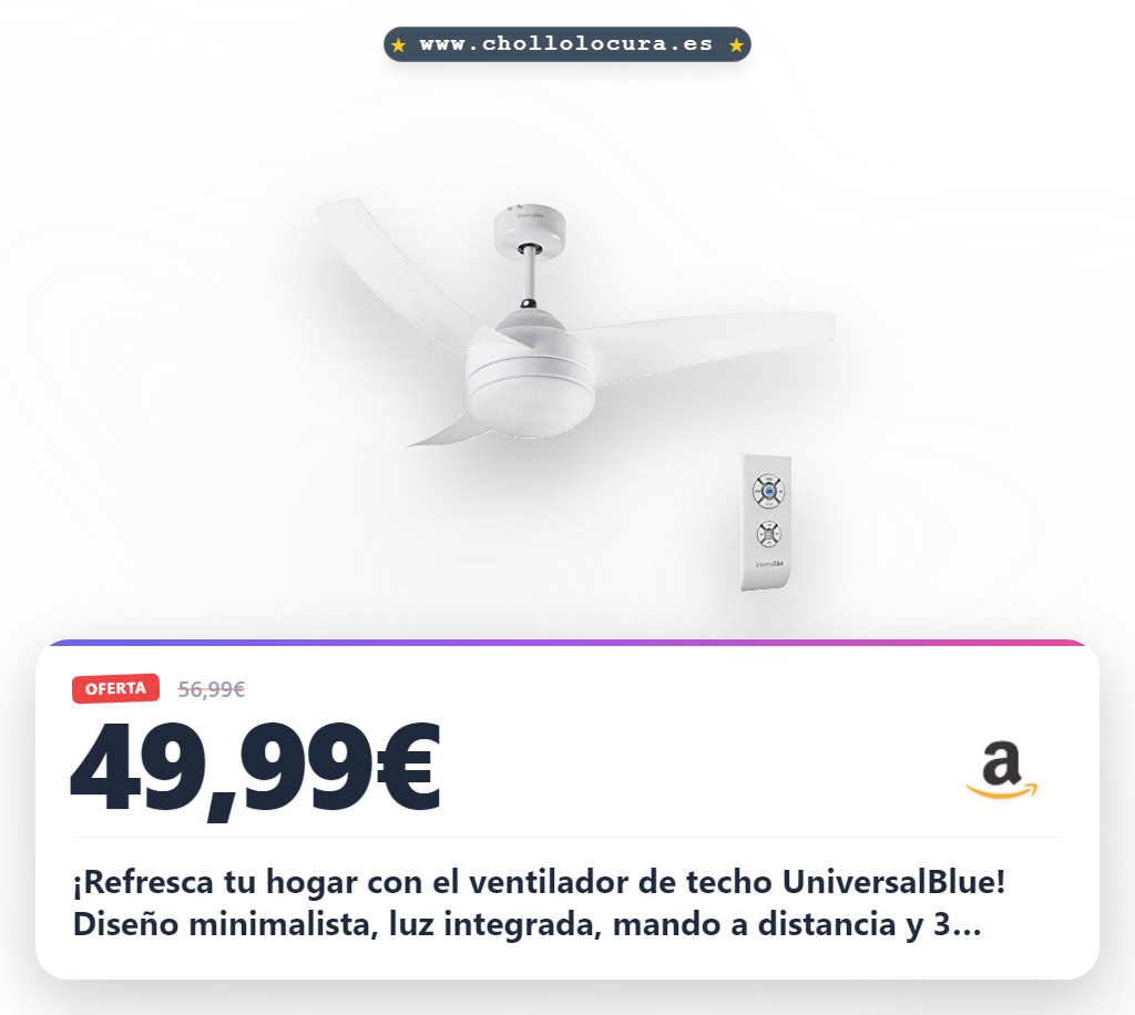 ¡Descubre el ventilador de techo con luz! Diseño minimalista, mando a distancia, 3 velocidades y luz LED
