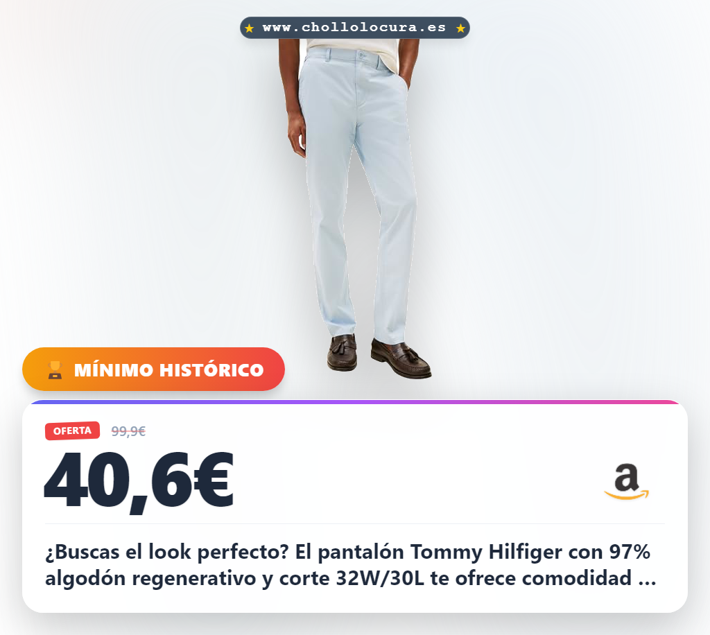 Encuentra el pantalón chino Tommy Hilfiger de algodón regenerativo y ajuste perfecto en oferta histórica