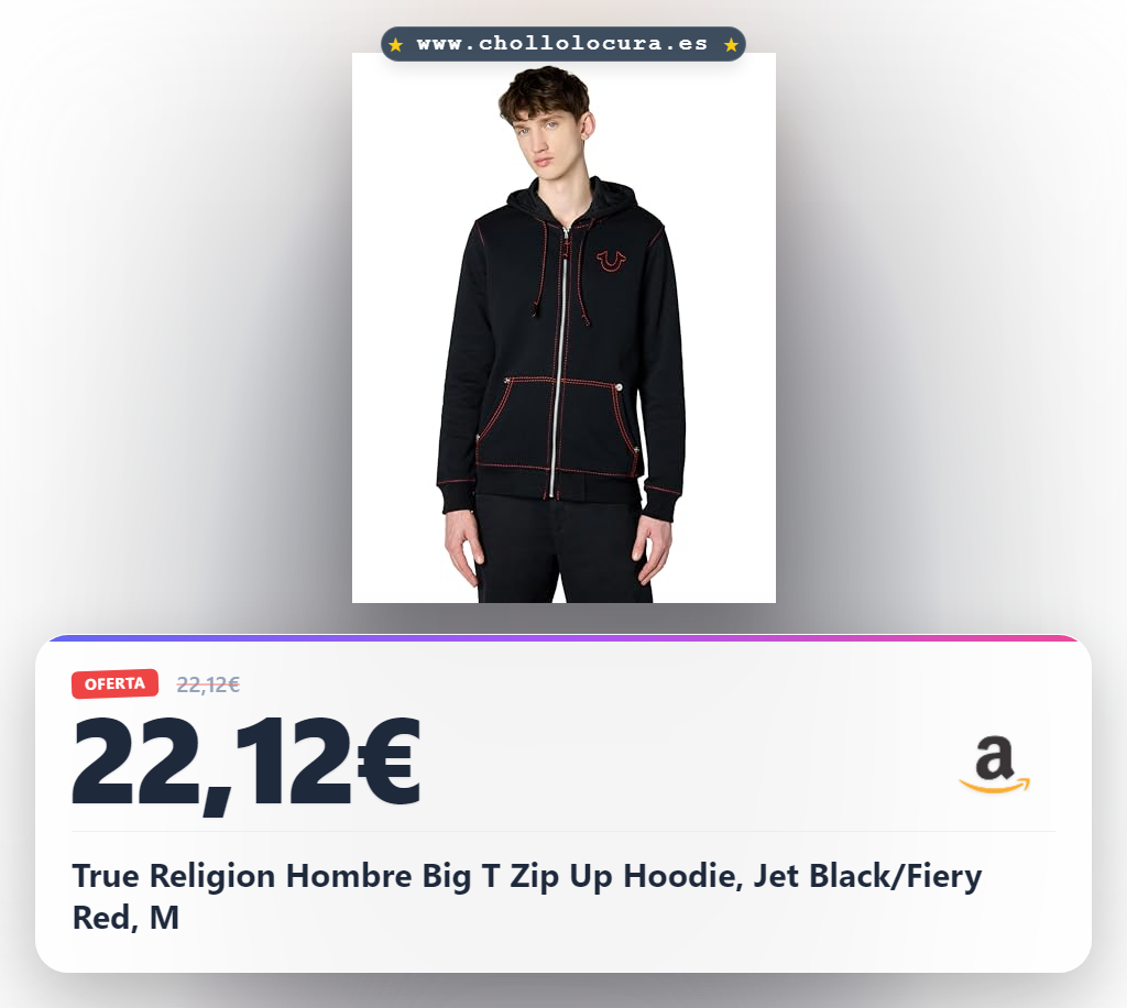 True Religion Hombre Big T Zip Up Hoodie, Jet Black/Fiery Red, M